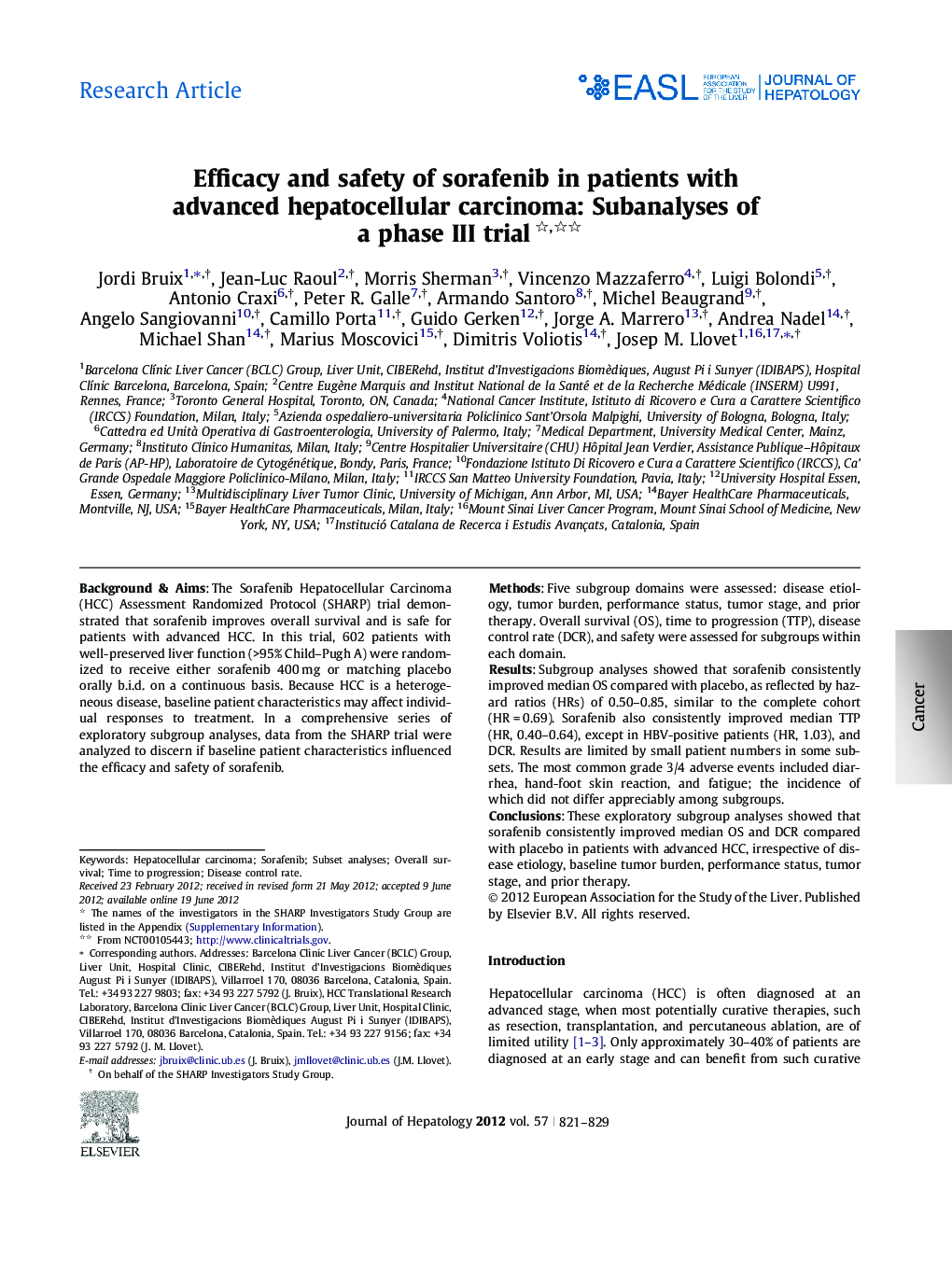 Research ArticleEfficacy and safety of sorafenib in patients with advanced hepatocellular carcinoma: Subanalyses of a phase III trial