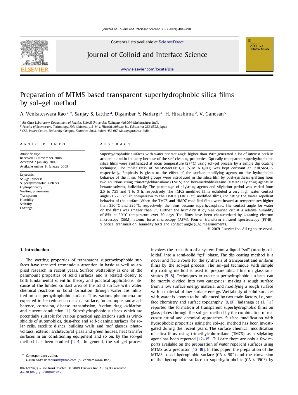 عکس صفحه اول مقاله: Preparation of MTMS based transparent superhydrophobic silica films by sol-gel method Preparation of MTMS based transparent superhydrophobic silica films by sol-gel method