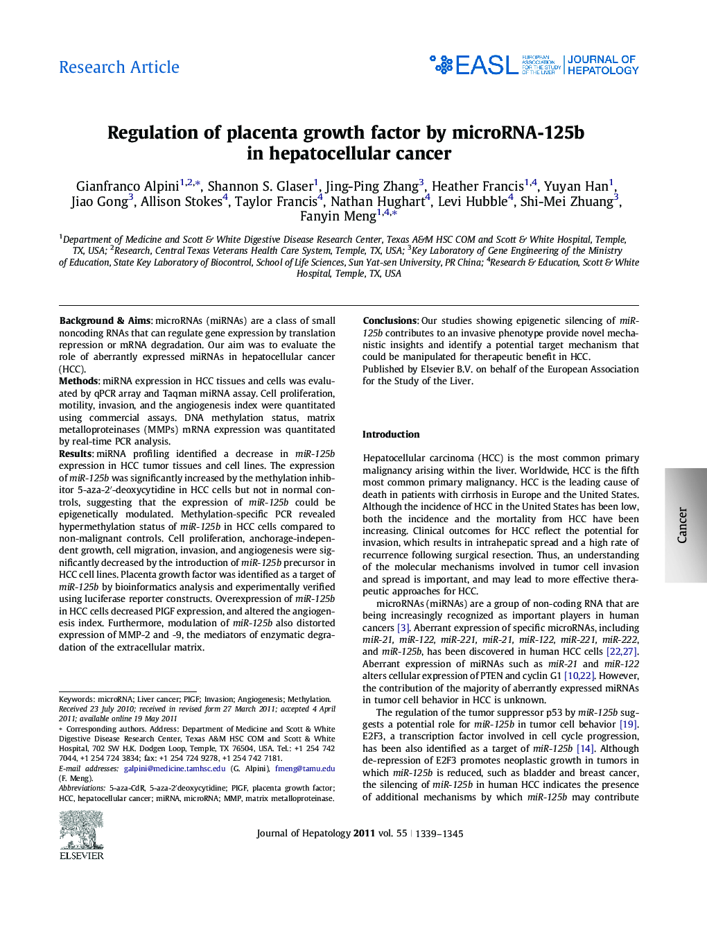 Research ArticleRegulation of placenta growth factor by microRNA-125b in hepatocellular cancer