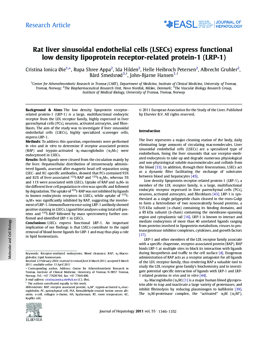 Research ArticleRat liver sinusoidal endothelial cells (LSECs) express functional low density lipoprotein receptor-related protein-1 (LRP-1)