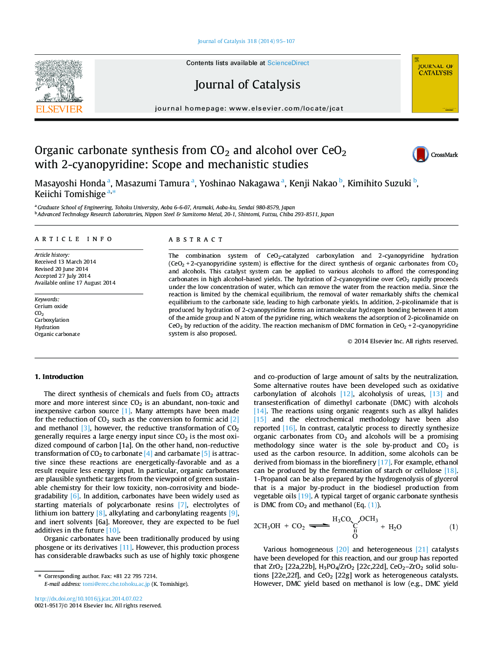 Organic carbonate synthesis from CO2 and alcohol over CeO2 with 2-cyanopyridine: Scope and mechanistic studies