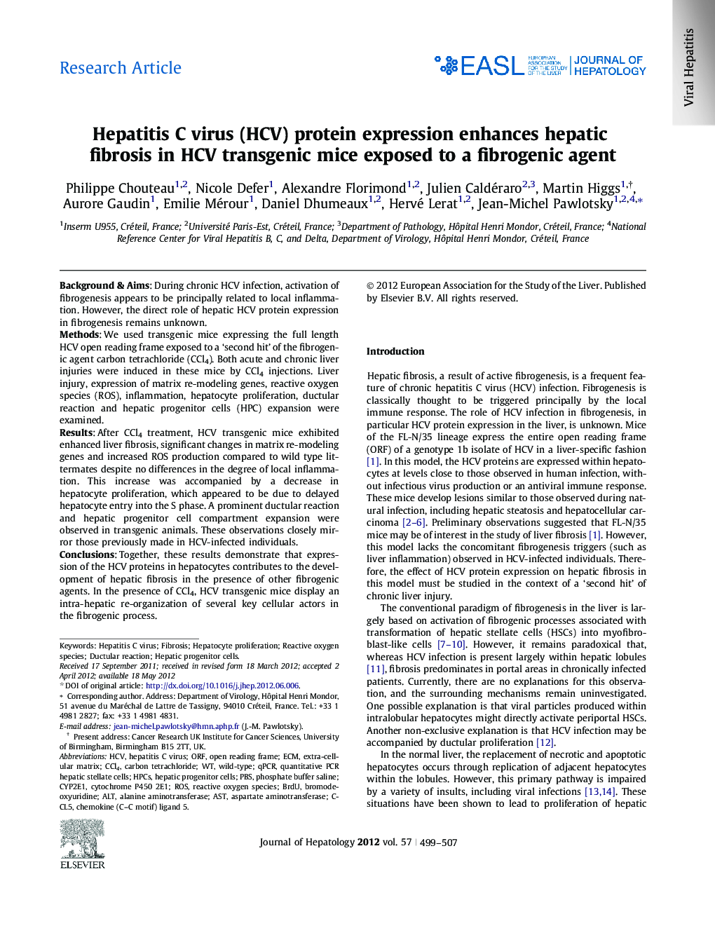 Research ArticleHepatitis C virus (HCV) protein expression enhances hepatic fibrosis in HCV transgenic mice exposed to a fibrogenic agent