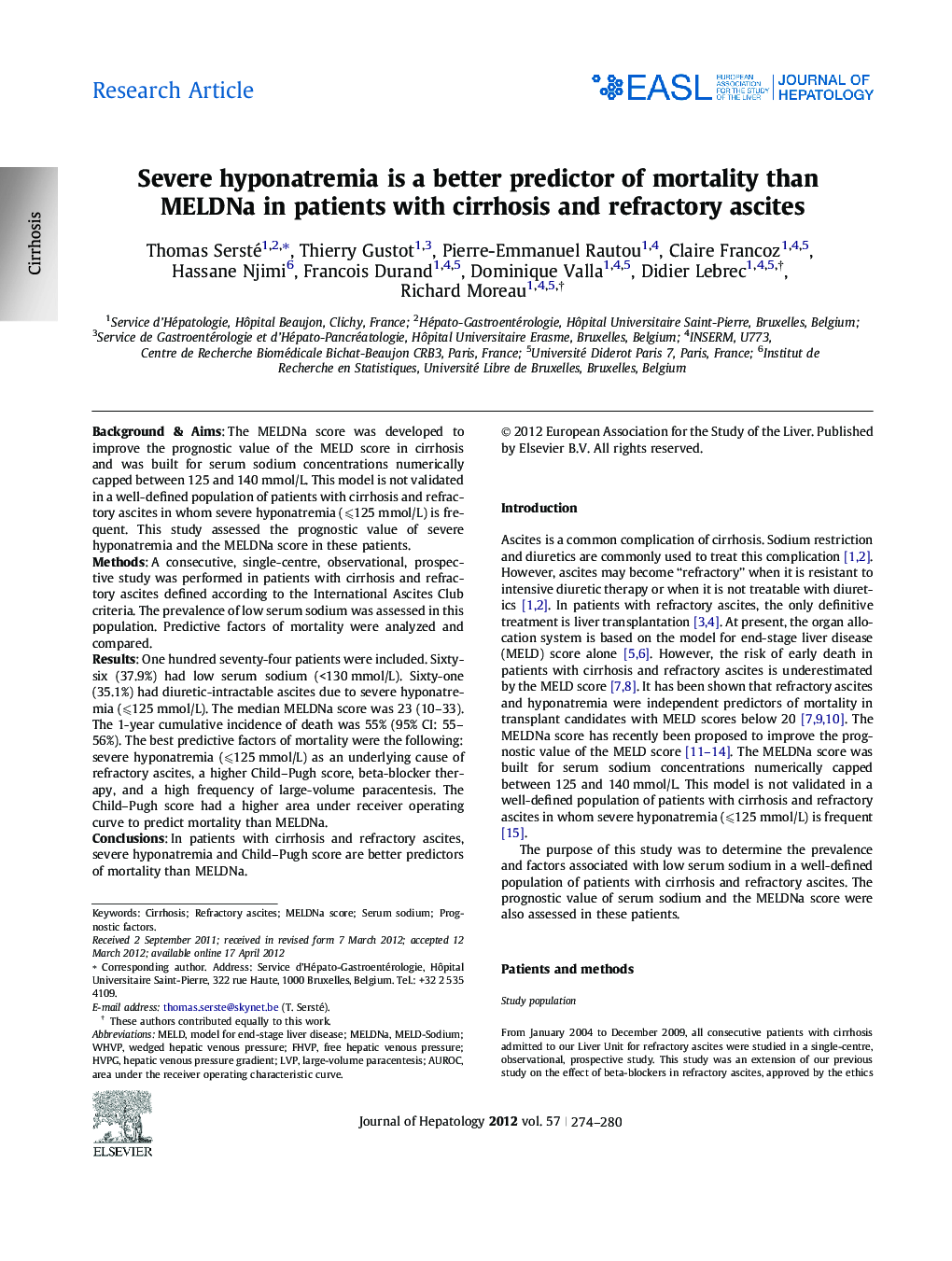 Research ArticleSevere hyponatremia is a better predictor of mortality than MELDNa in patients with cirrhosis and refractory ascites