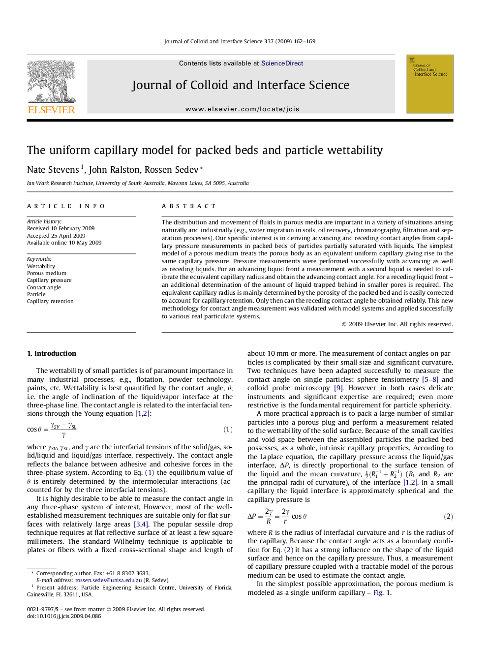 The uniform capillary model for packed beds and particle wettability