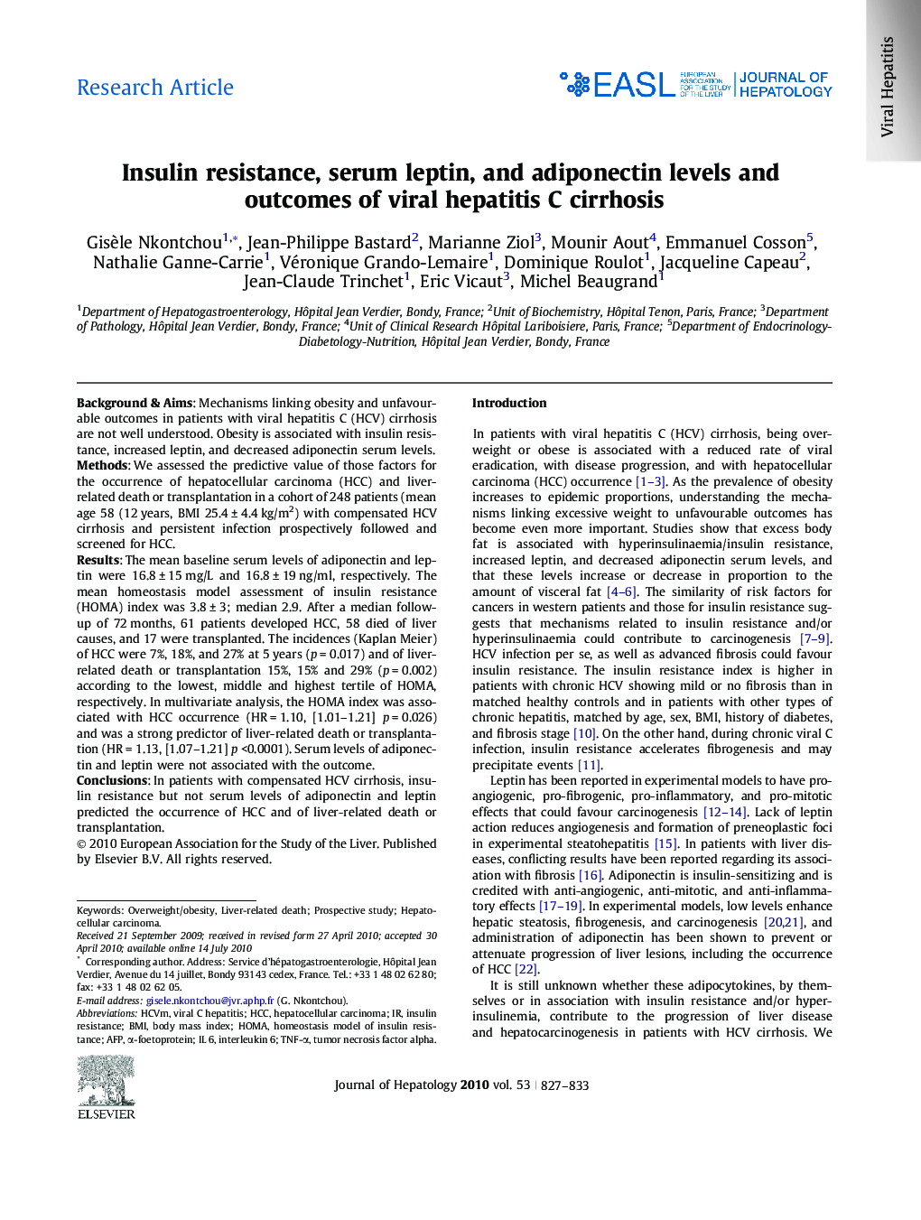 Research ArticleInsulin resistance, serum leptin, and adiponectin levels and outcomes of viral hepatitis C cirrhosis