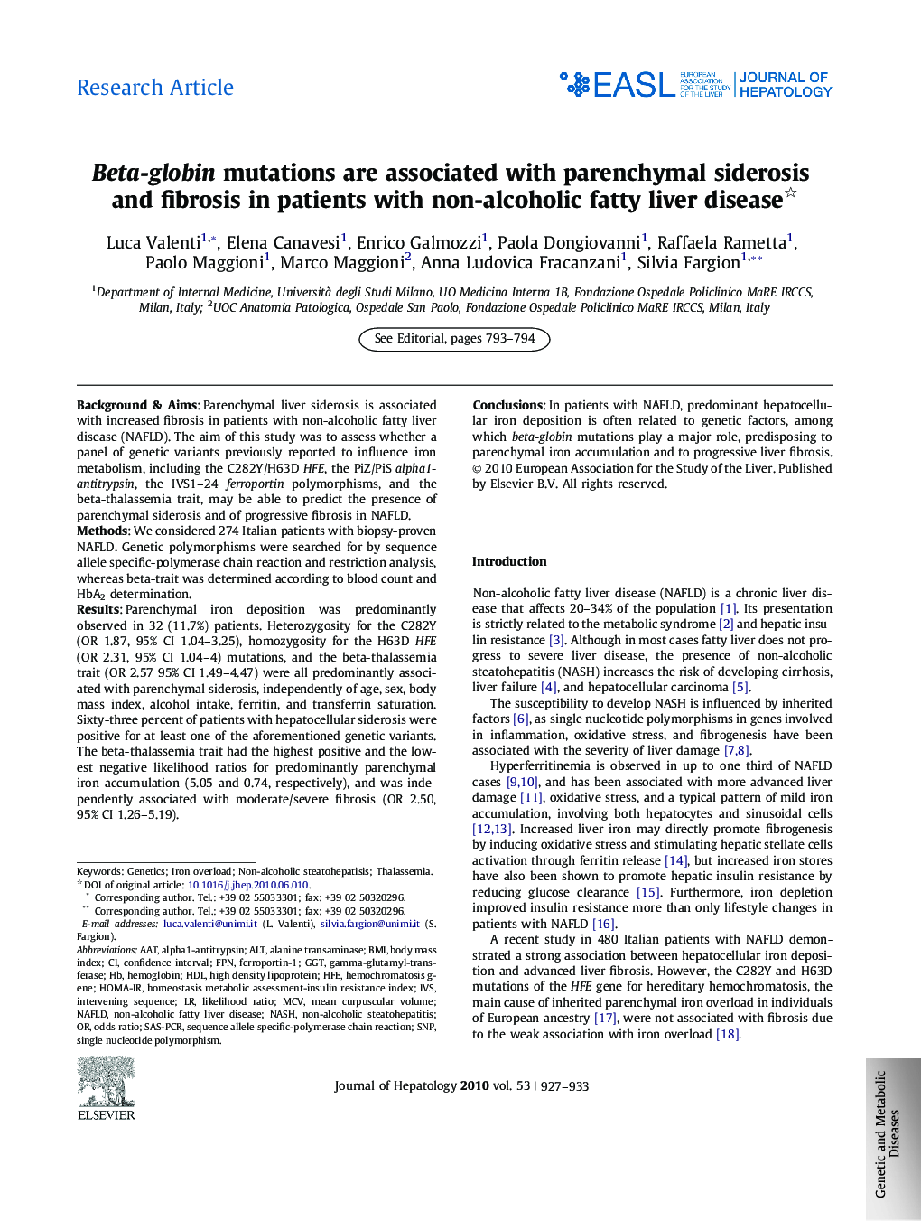 Research ArticleBeta-globin mutations are associated with parenchymal siderosis and fibrosis in patients with non-alcoholic fatty liver disease