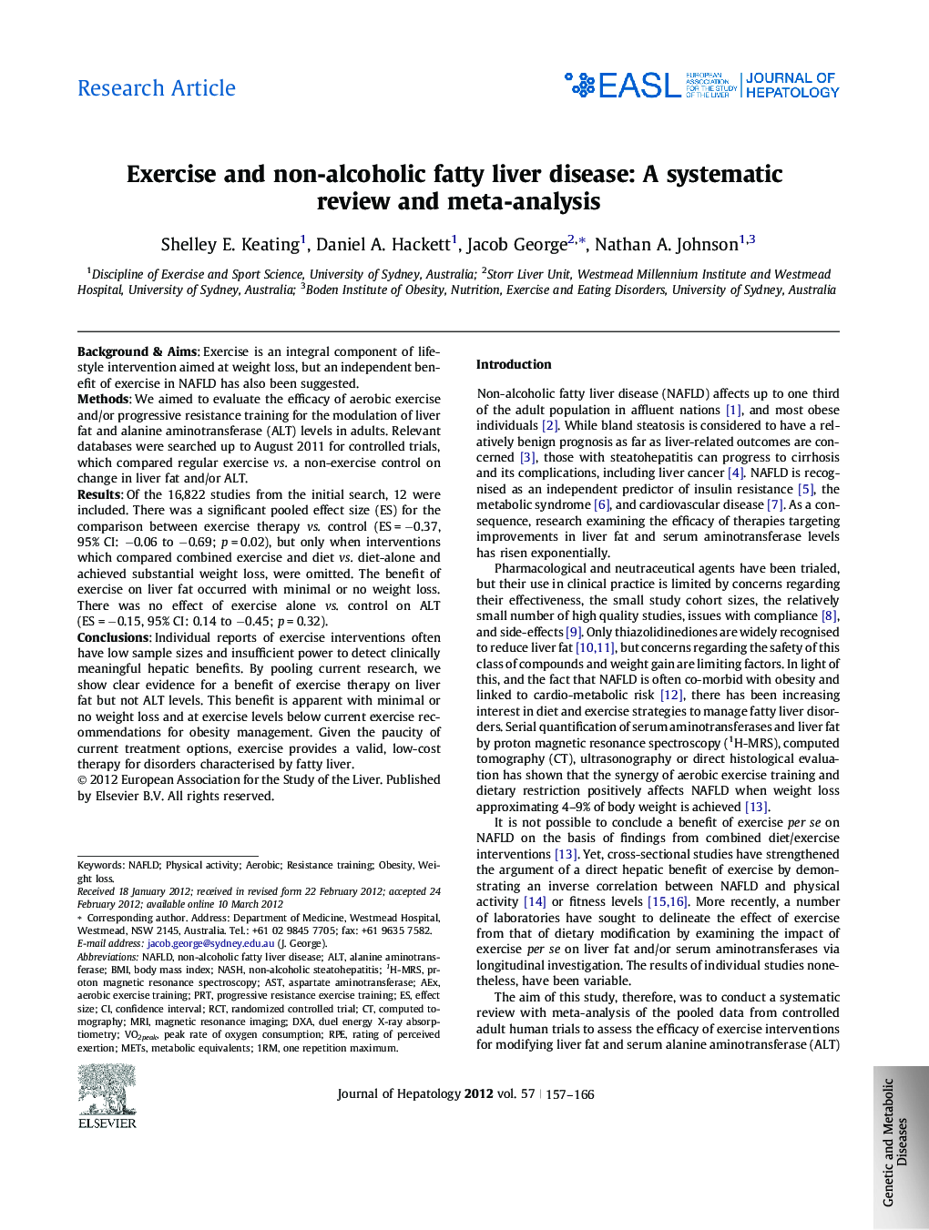 Research ArticleExercise and non-alcoholic fatty liver disease: A systematic review and meta-analysis