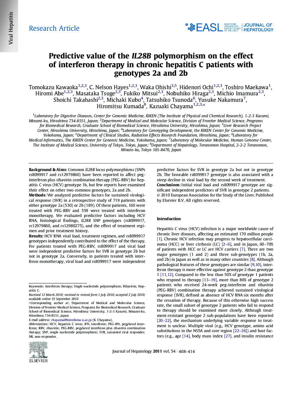 Research ArticlePredictive value of the IL28B polymorphism on the effect of interferon therapy in chronic hepatitis C patients with genotypes 2a and 2b