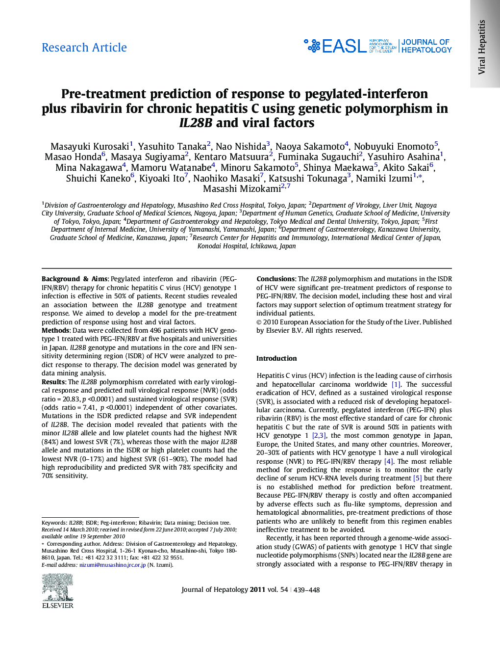 Research ArticlePre-treatment prediction of response to pegylated-interferon plus ribavirin for chronic hepatitis C using genetic polymorphism in IL28B and viral factors