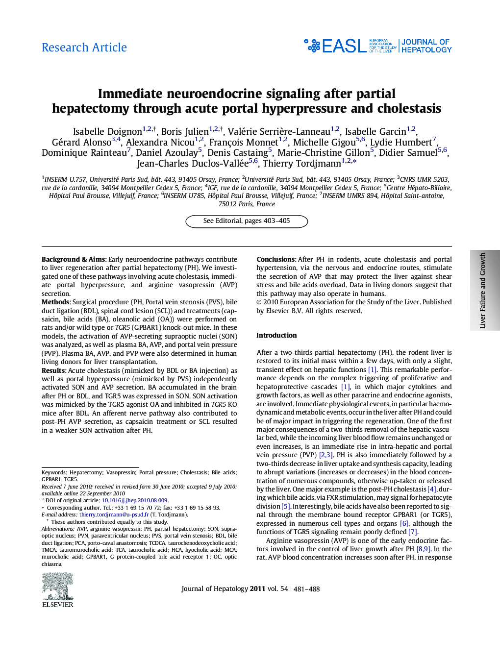 Research ArticleImmediate neuroendocrine signaling after partial hepatectomy through acute portal hyperpressure and cholestasis