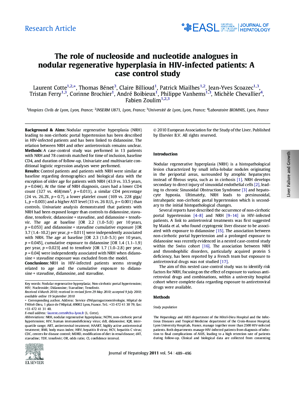 Research ArticleThe role of nucleoside and nucleotide analogues in nodular regenerative hyperplasia in HIV-infected patients: A case control study
