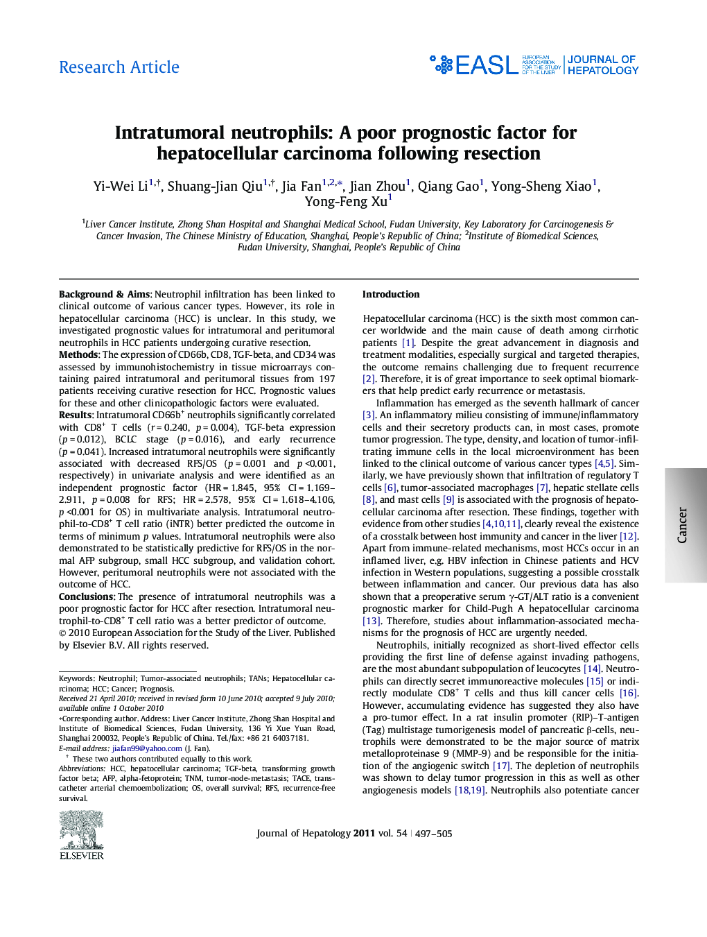 CancerIntratumoral neutrophils: A poor prognostic factor for hepatocellular carcinoma following resection