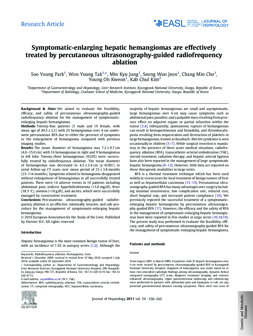 Research ArticleSymptomatic-enlarging hepatic hemangiomas are effectively treated by percutaneous ultrasonography-guided radiofrequency ablation