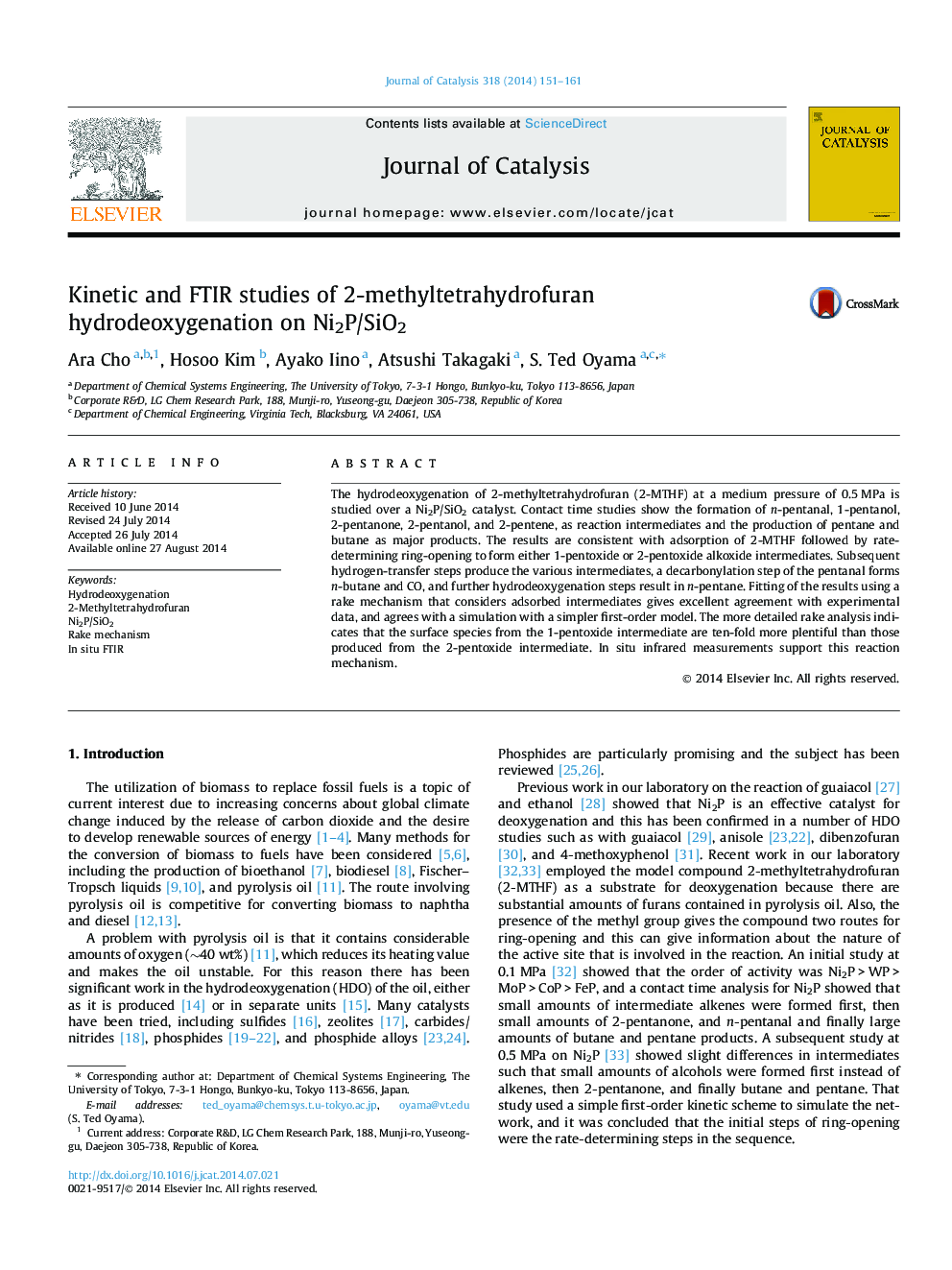 Kinetic and FTIR studies of 2-methyltetrahydrofuran hydrodeoxygenation on Ni2P/SiO2