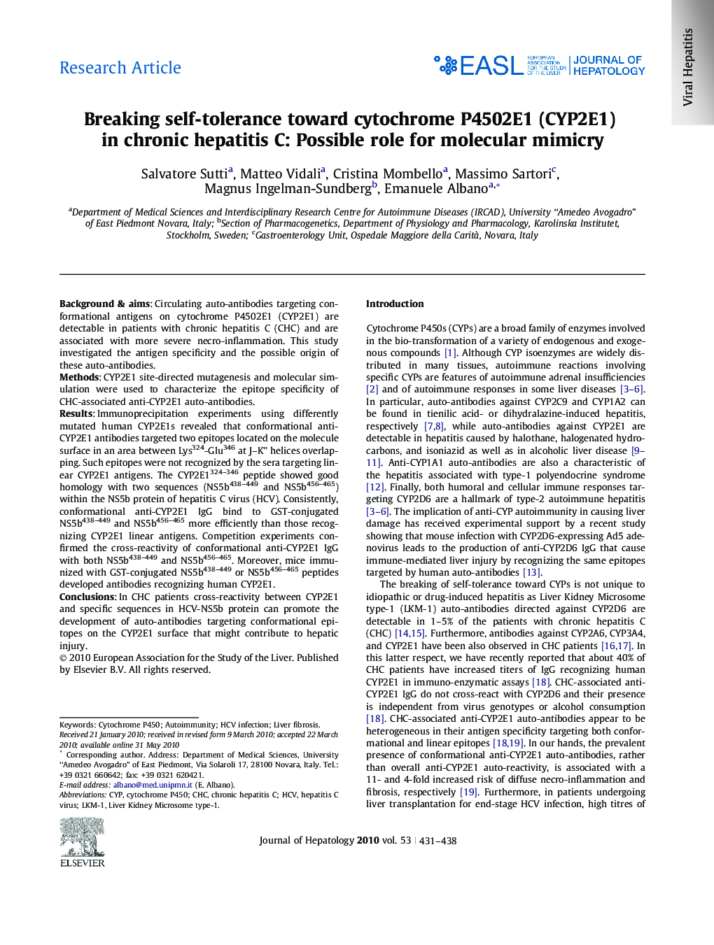 Research ArticleBreaking self-tolerance toward cytochrome P4502E1 (CYP2E1) in chronic hepatitis C: Possible role for molecular mimicry