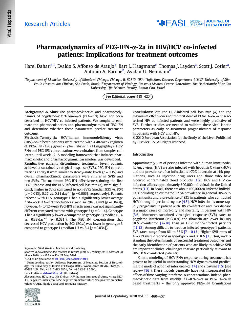 Research ArticlesPharmacodynamics of PEG-IFN-Î±-2a in HIV/HCV co-infected patients: Implications for treatment outcomes