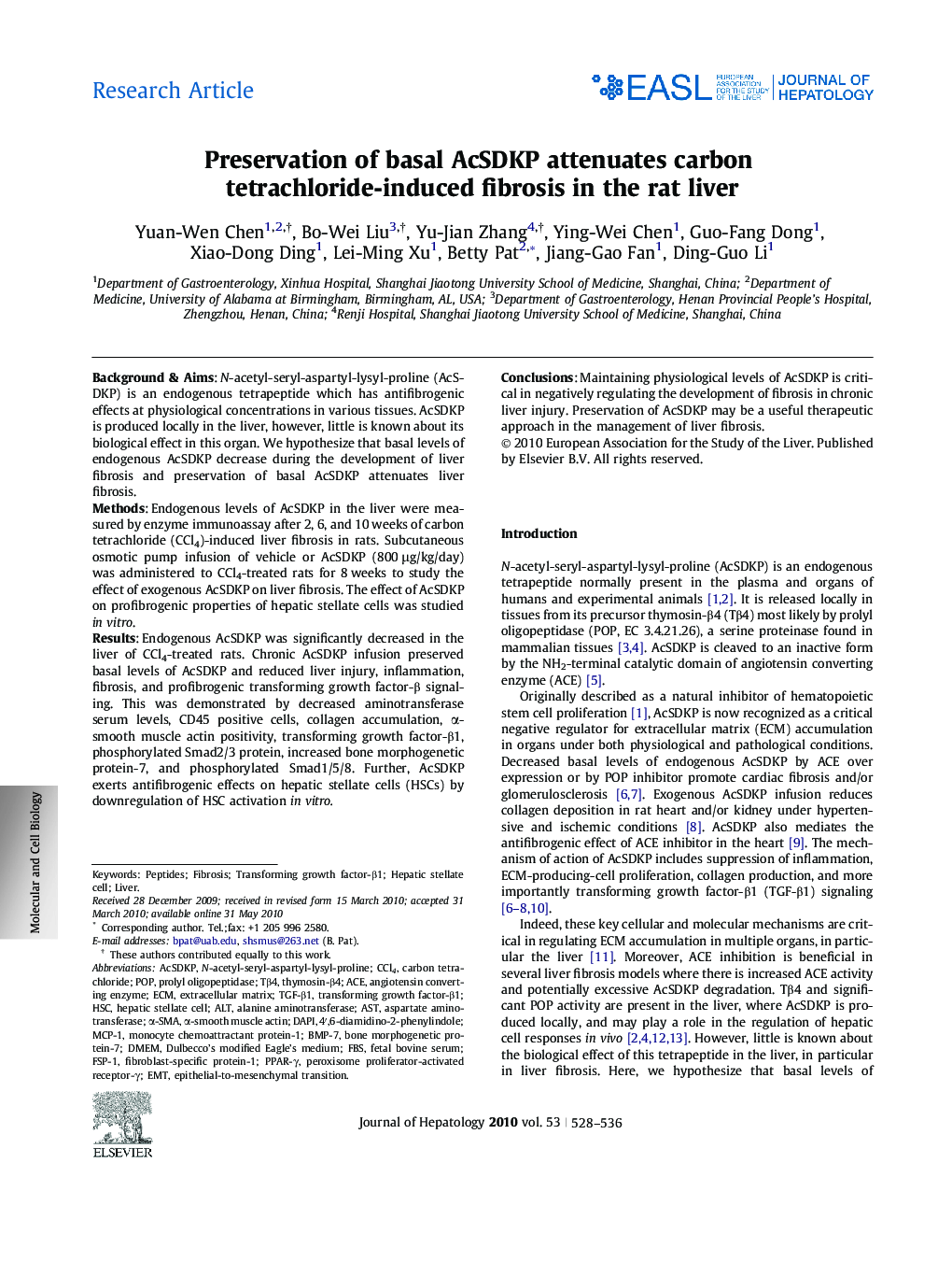 Research ArticlePreservation of basal AcSDKP attenuates carbon tetrachloride-induced fibrosis in the rat liver