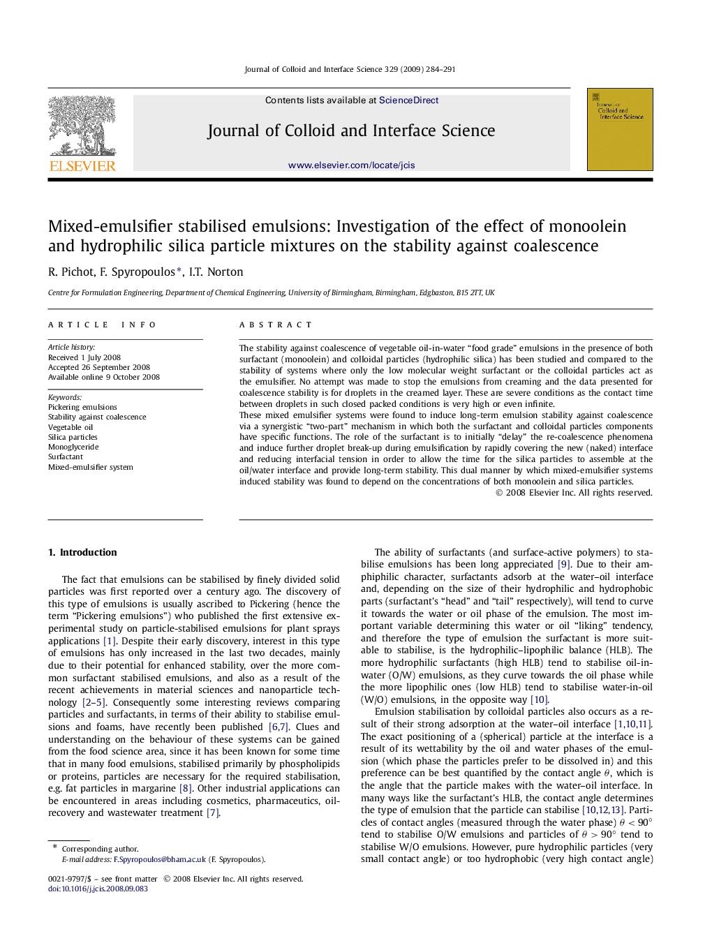 Mixed-emulsifier stabilised emulsions: Investigation of the effect of monoolein and hydrophilic silica particle mixtures on the stability against coalescence