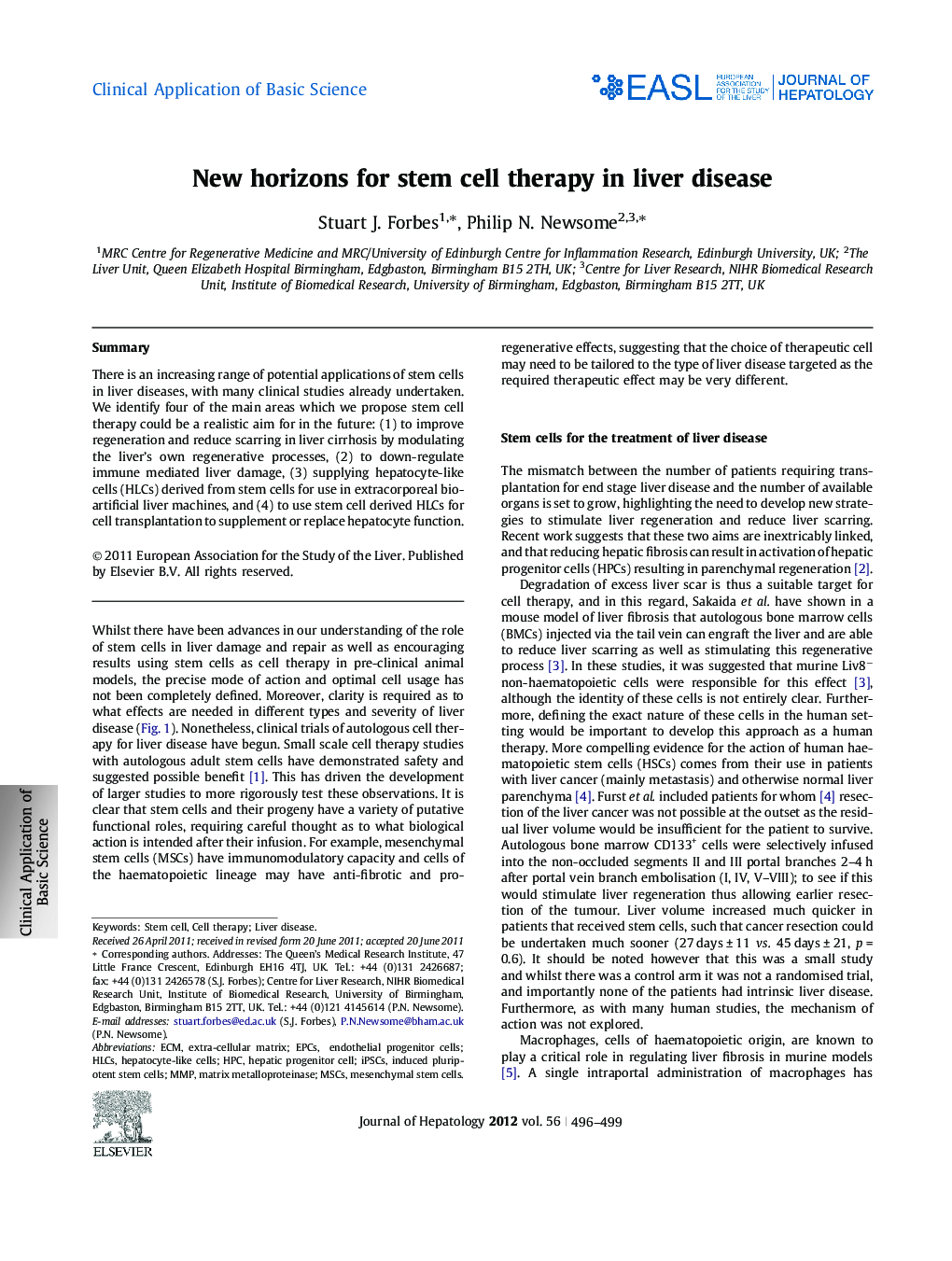 Clinical Application of Basic ScienceNew horizons for stem cell therapy in liver disease