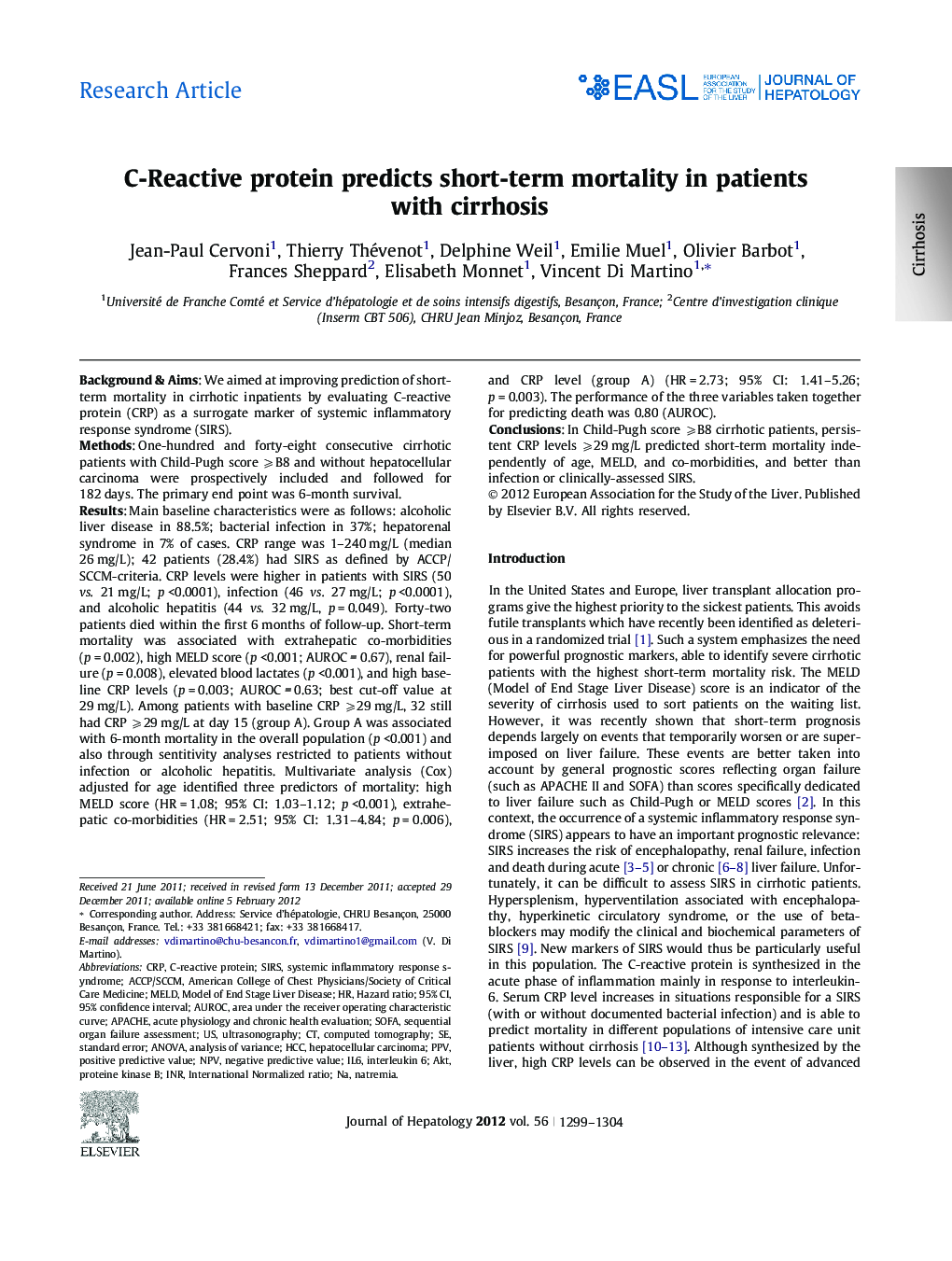 Research ArticleC-Reactive protein predicts short-term mortality in patients with cirrhosis