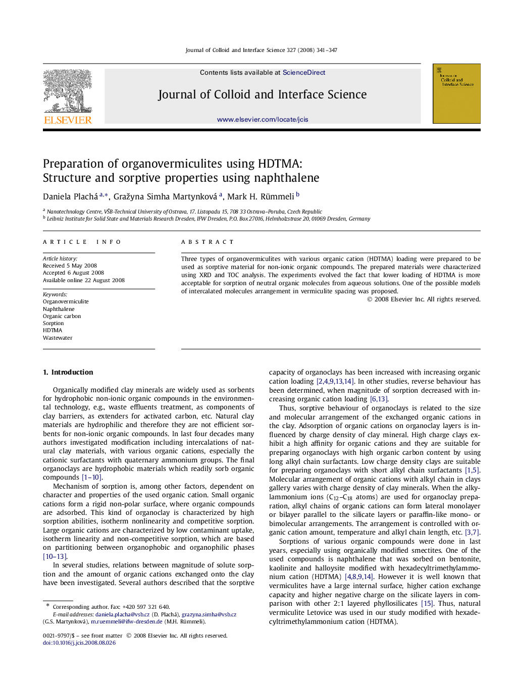 Preparation of organovermiculites using HDTMA: Structure and sorptive properties using naphthalene