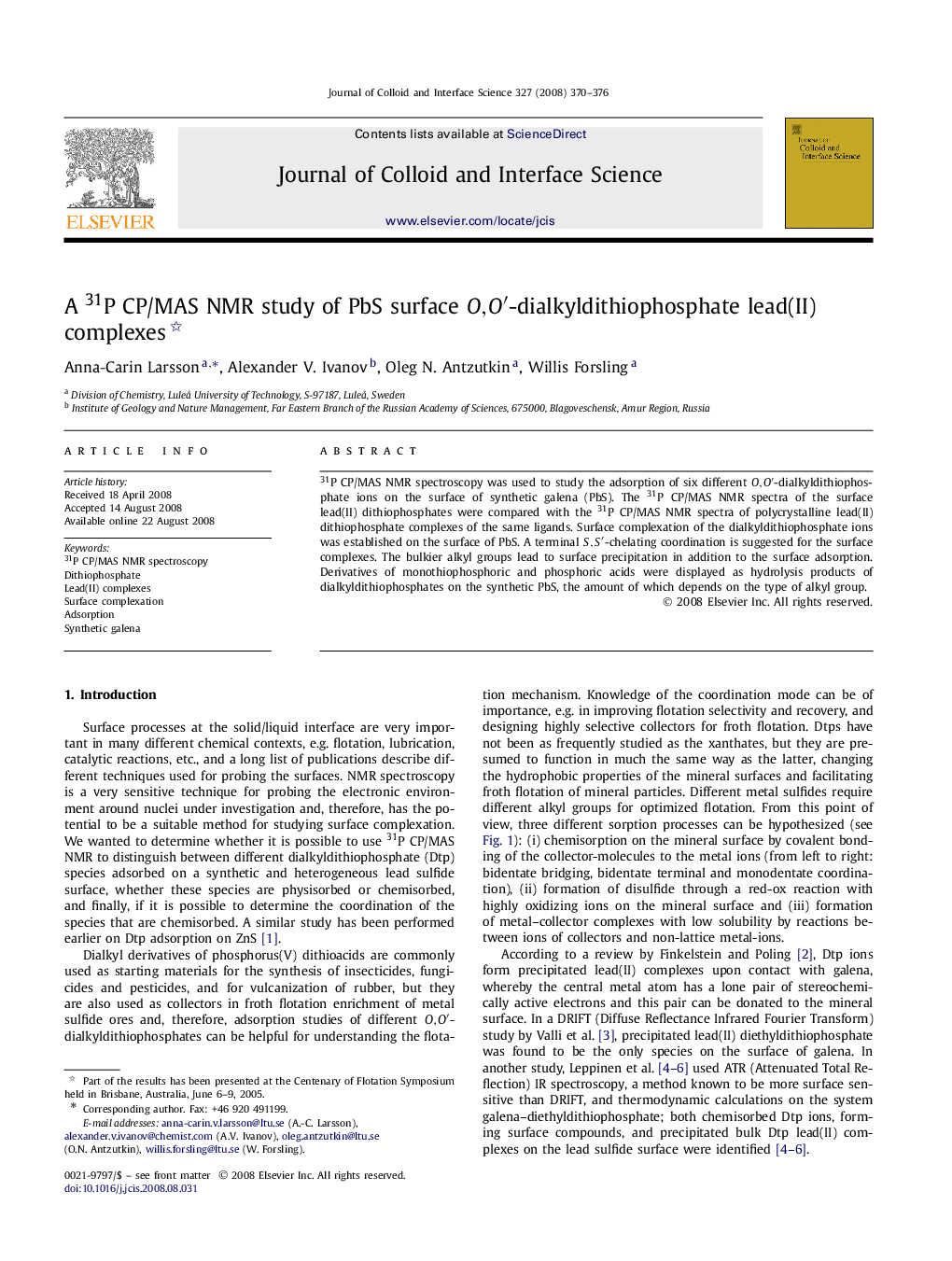 A 31P CP/MAS NMR study of PbS surface O,O′O,O′-dialkyldithiophosphate lead(II) complexes 