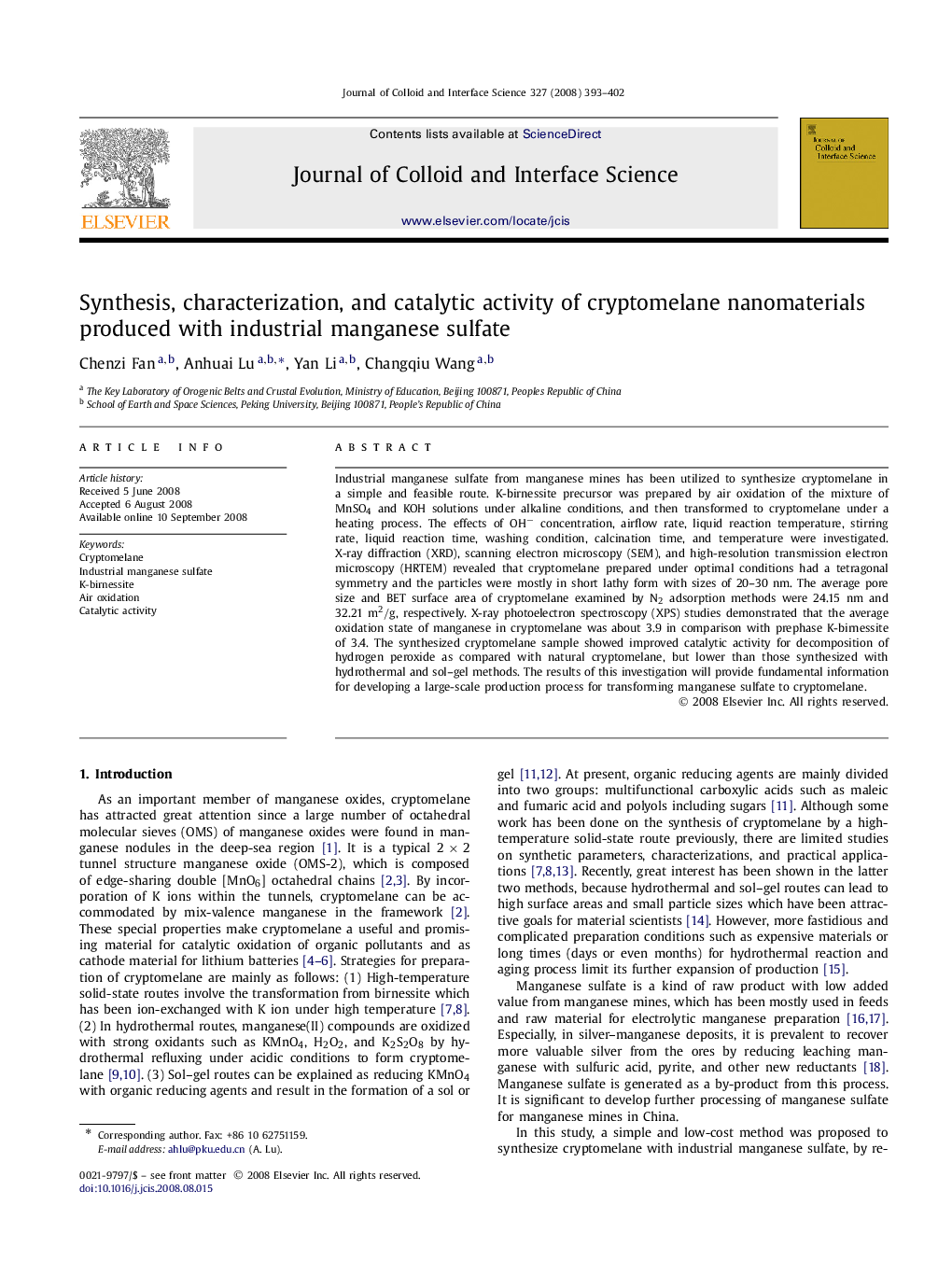 Synthesis, characterization, and catalytic activity of cryptomelane nanomaterials produced with industrial manganese sulfate