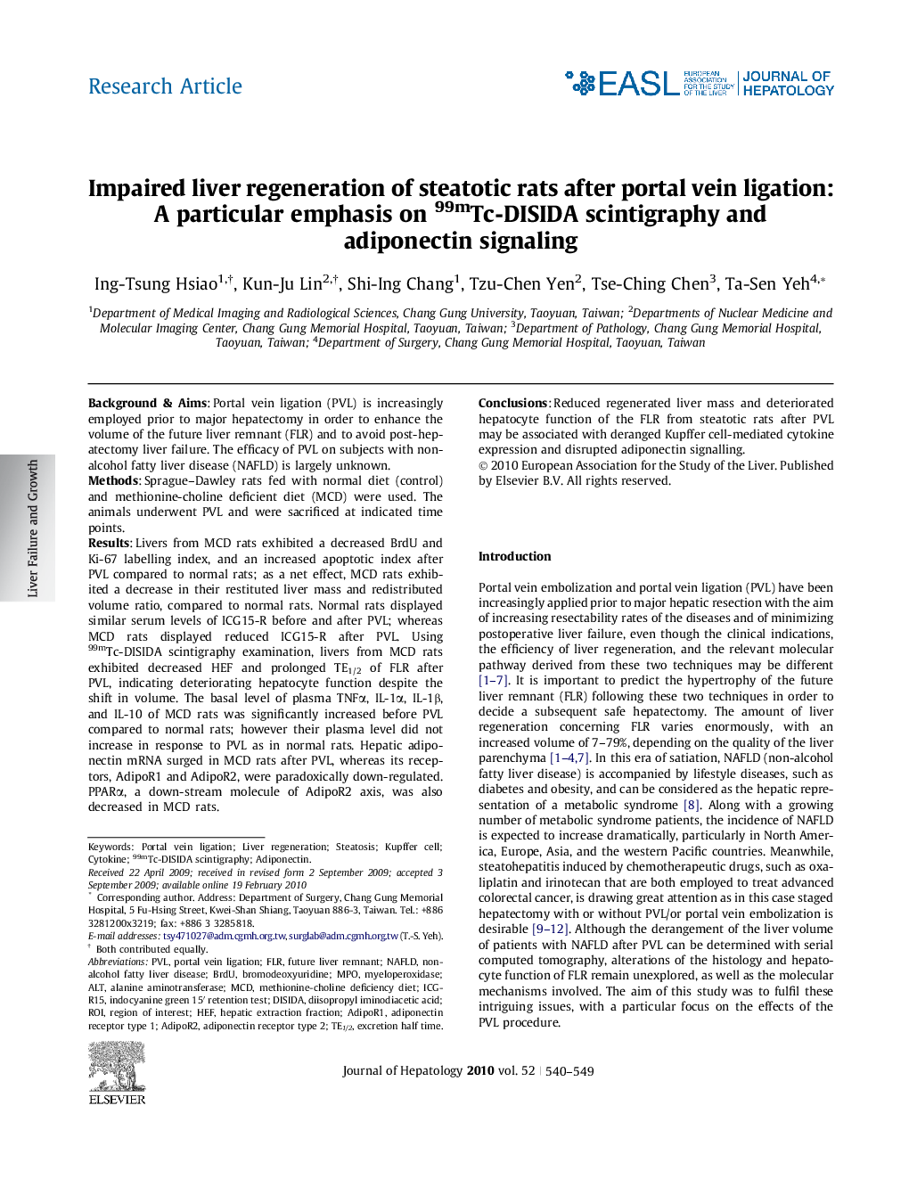 Research ArticleImpaired liver regeneration of steatotic rats after portal vein ligation: A particular emphasis on 99mTc-DISIDA scintigraphy and adiponectin signaling