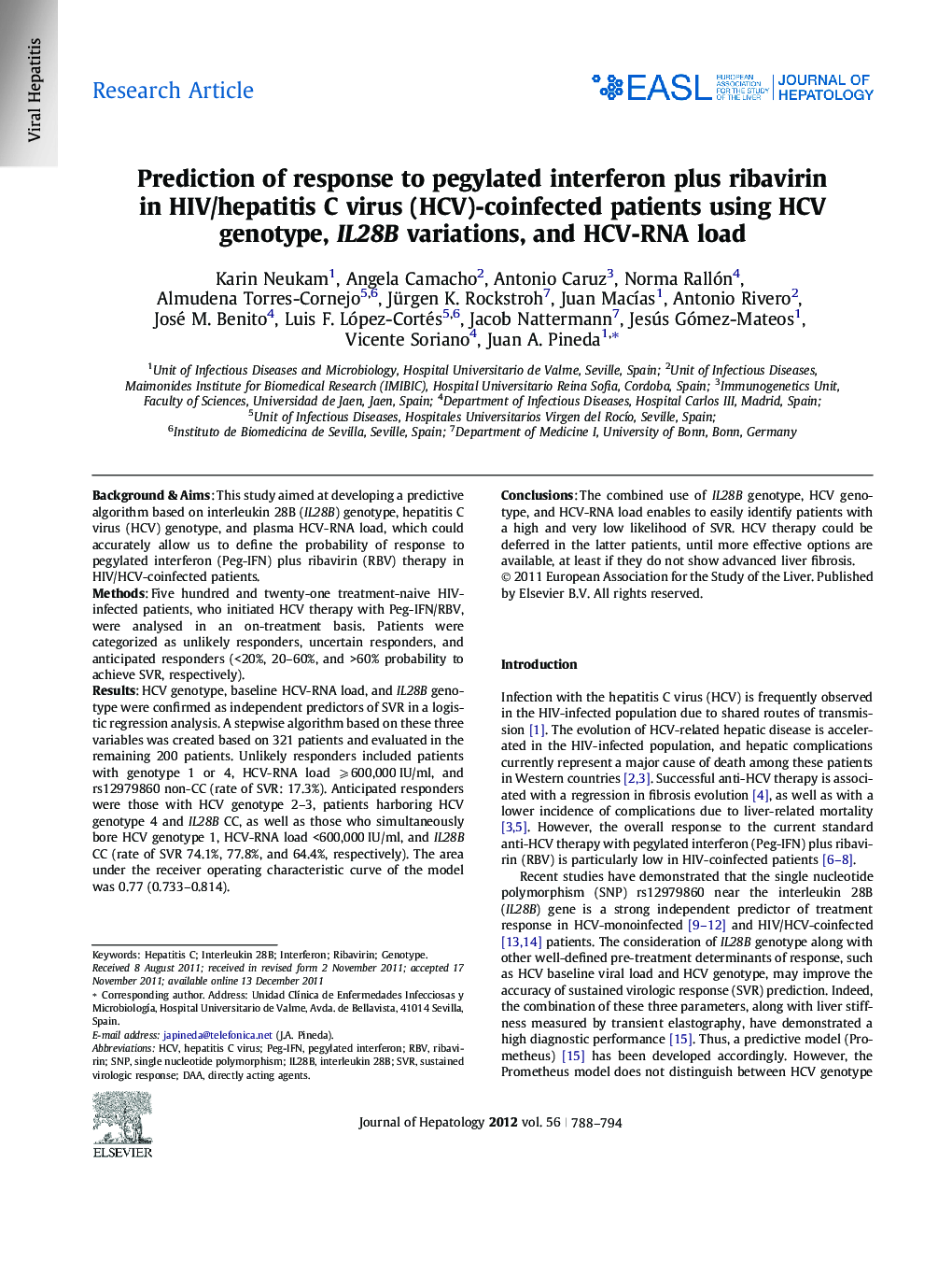 Research ArticlePrediction of response to pegylated interferon plus ribavirin in HIV/hepatitis C virus (HCV)-coinfected patients using HCV genotype, IL28B variations, and HCV-RNA load