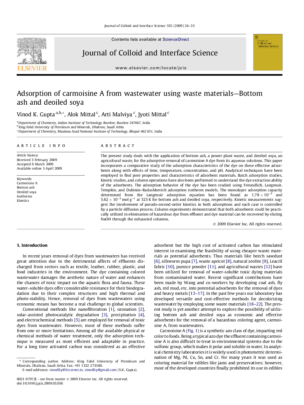 Adsorption of carmoisine A from wastewater using waste materials—Bottom ash and deoiled soya