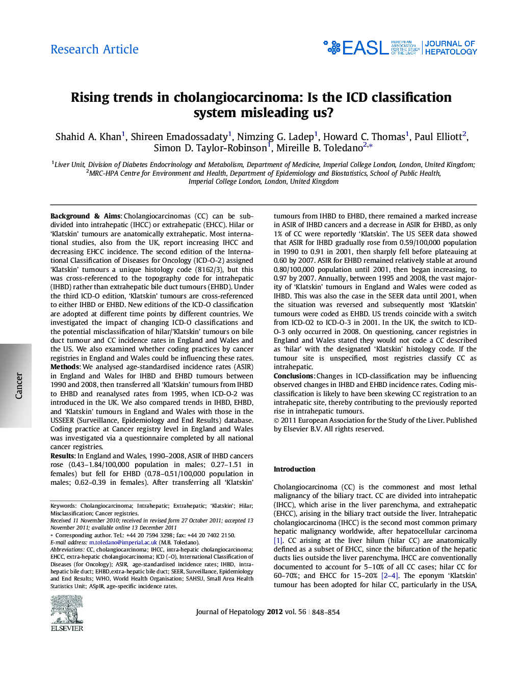 Research ArticleRising trends in cholangiocarcinoma: Is the ICD classification system misleading us?