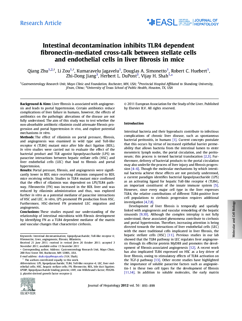 Research ArticleIntestinal decontamination inhibits TLR4 dependent fibronectin-mediated cross-talk between stellate cells and endothelial cells in liver fibrosis in mice