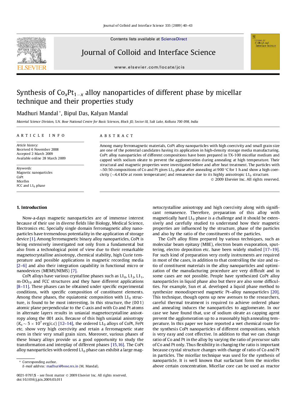 Synthesis of CoxPt1âx alloy nanoparticles of different phase by micellar technique and their properties study