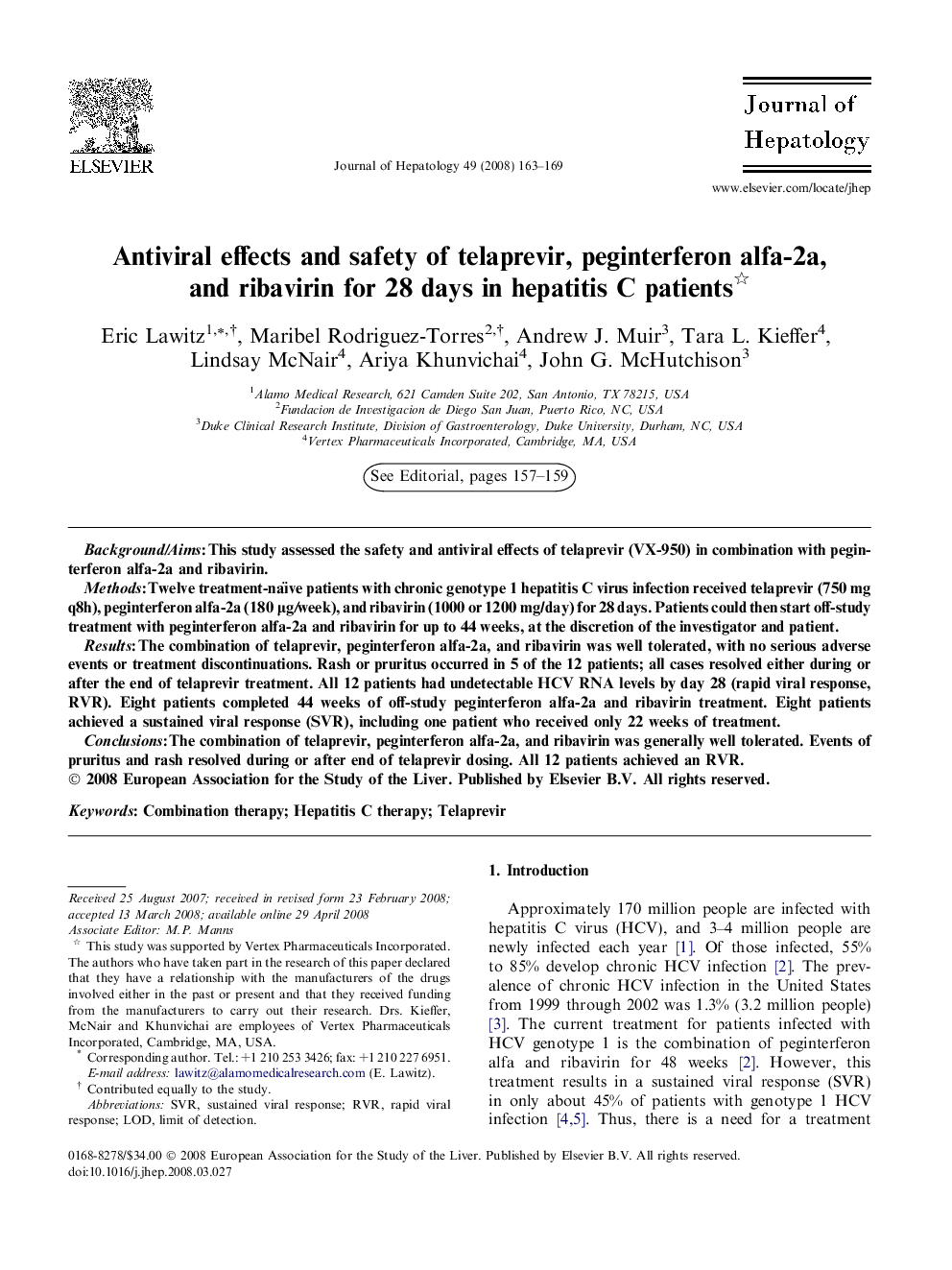 Antiviral effects and safety of telaprevir, peginterferon alfa-2a, and ribavirin for 28 days in hepatitis C patients