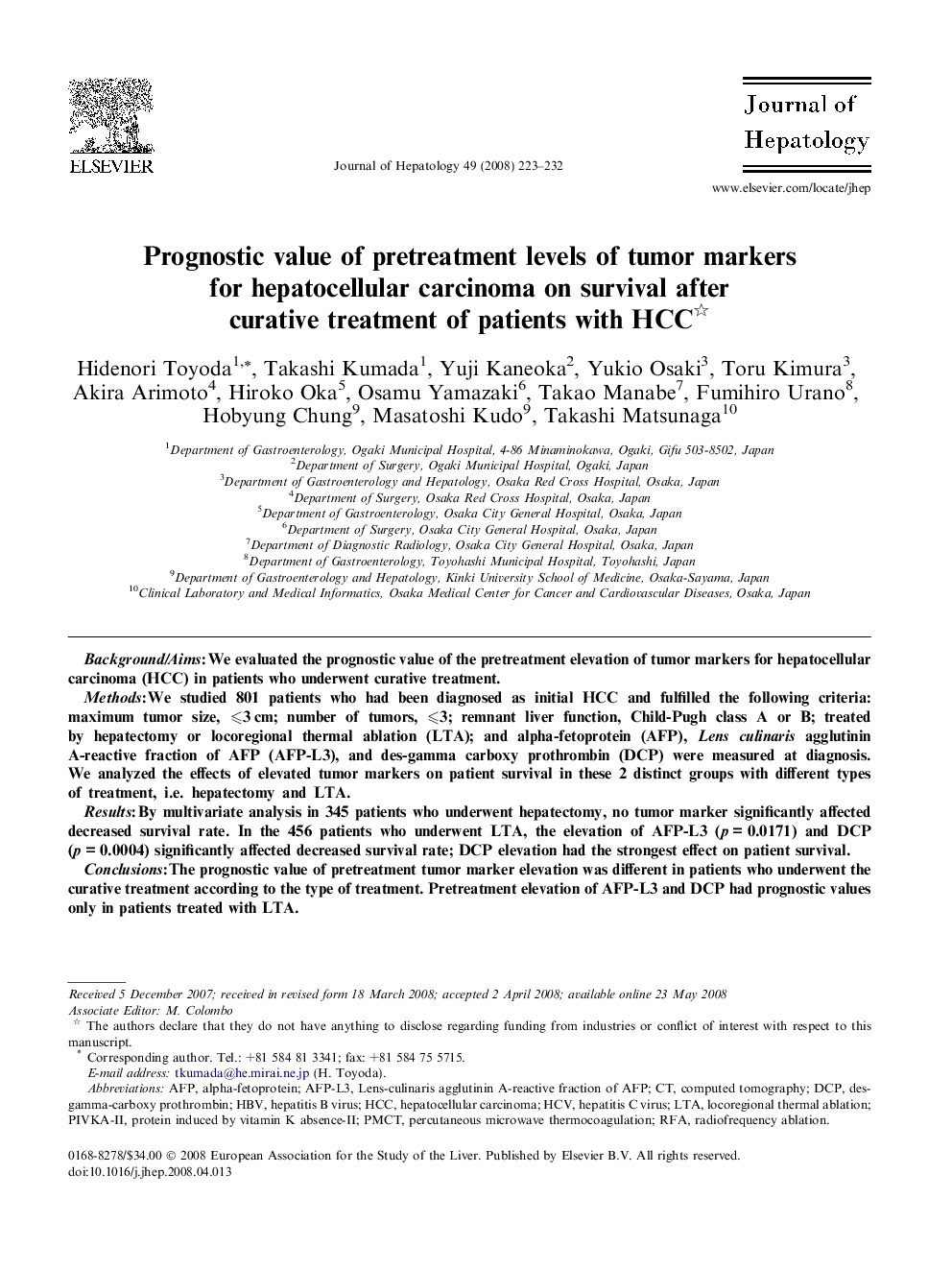 Prognostic value of pretreatment levels of tumor markers for hepatocellular carcinoma on survival after curative treatment of patients with HCC