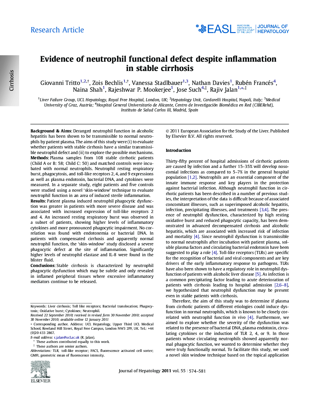 Research ArticleEvidence of neutrophil functional defect despite inflammation in stable cirrhosis