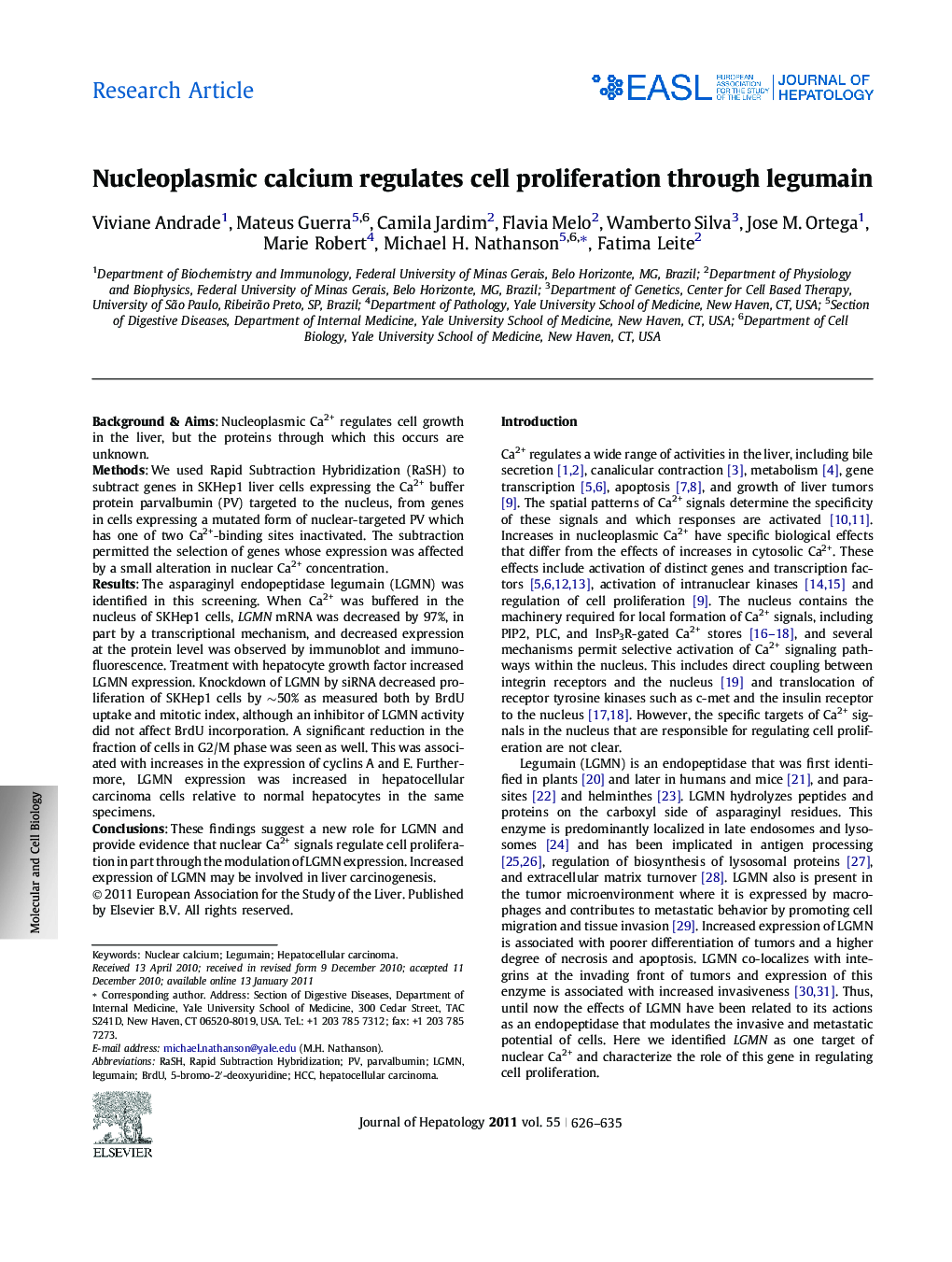 Research ArticleNucleoplasmic calcium regulates cell proliferation through legumain