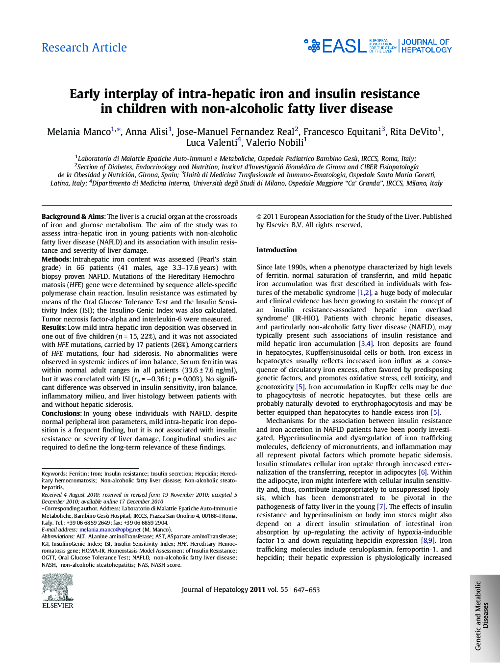 Research ArticleEarly interplay of intra-hepatic iron and insulin resistance in children with non-alcoholic fatty liver disease