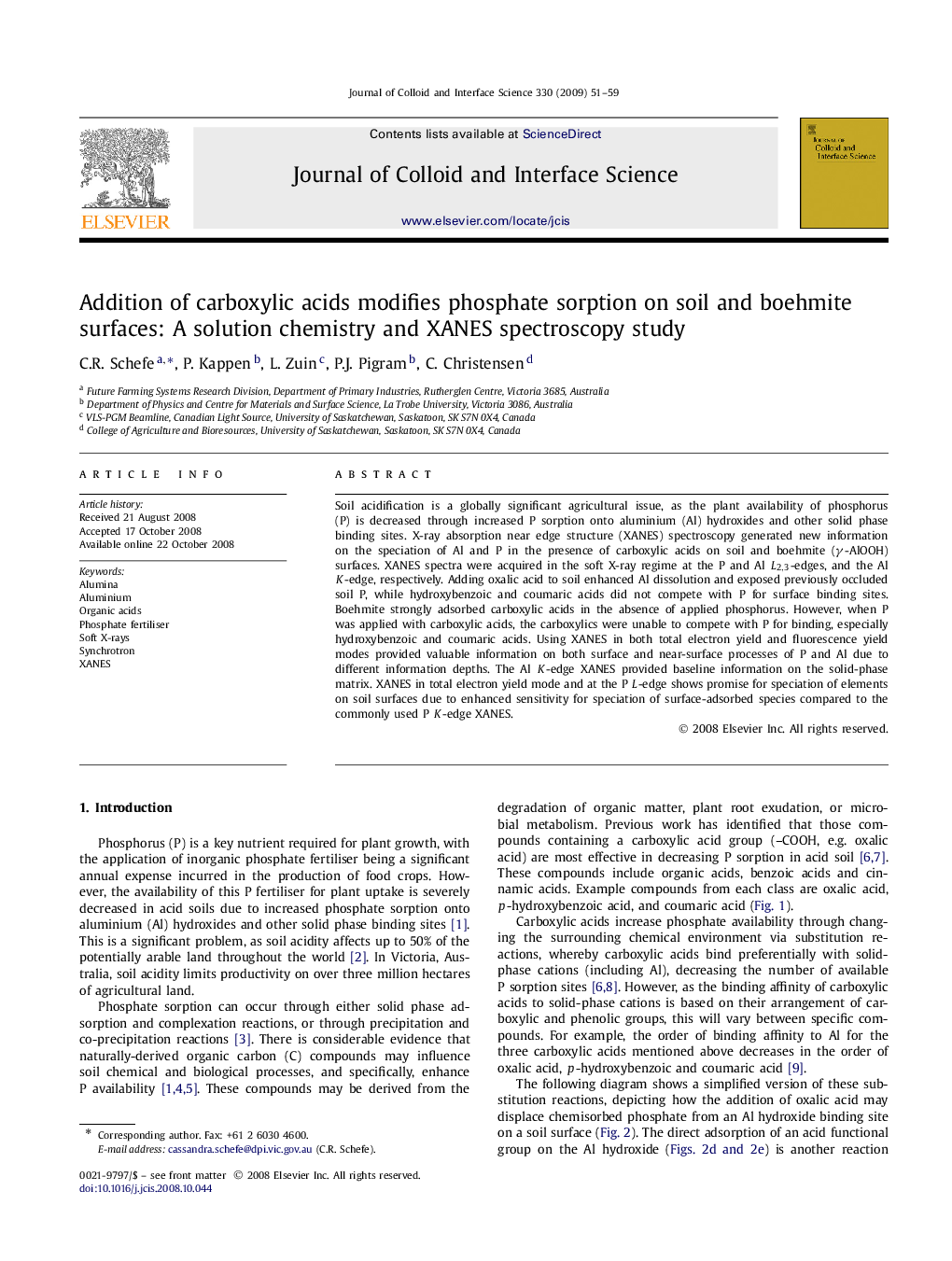 Addition of carboxylic acids modifies phosphate sorption on soil and boehmite surfaces: A solution chemistry and XANES spectroscopy study