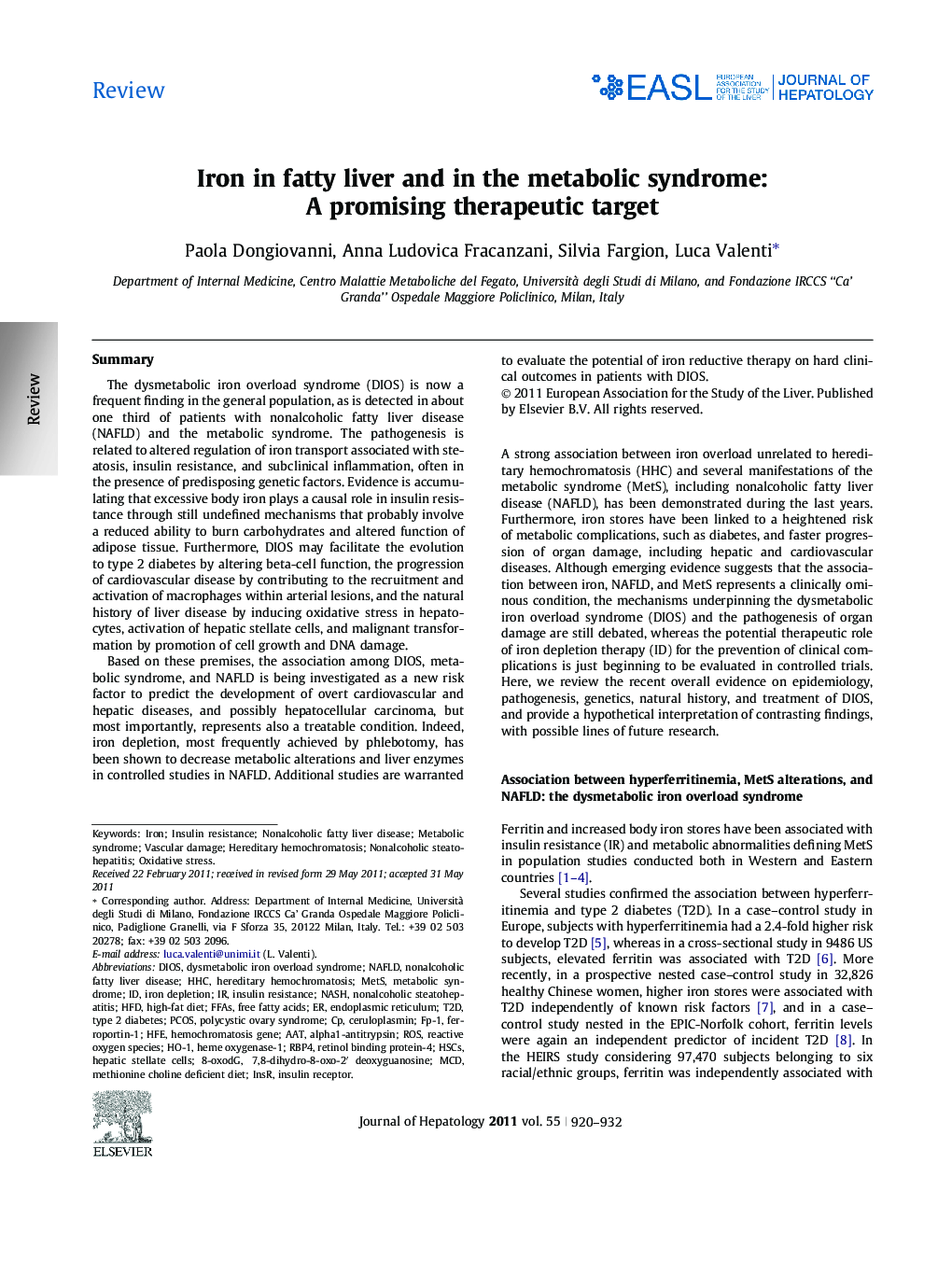 ReviewIron in fatty liver and in the metabolic syndrome: A promising therapeutic target