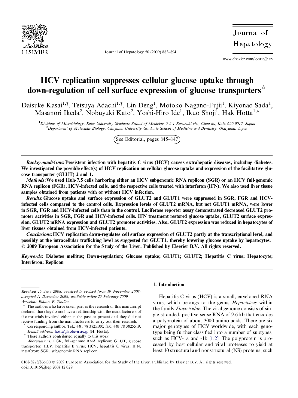 HCV replication suppresses cellular glucose uptake through down-regulation of cell surface expression of glucose transporters