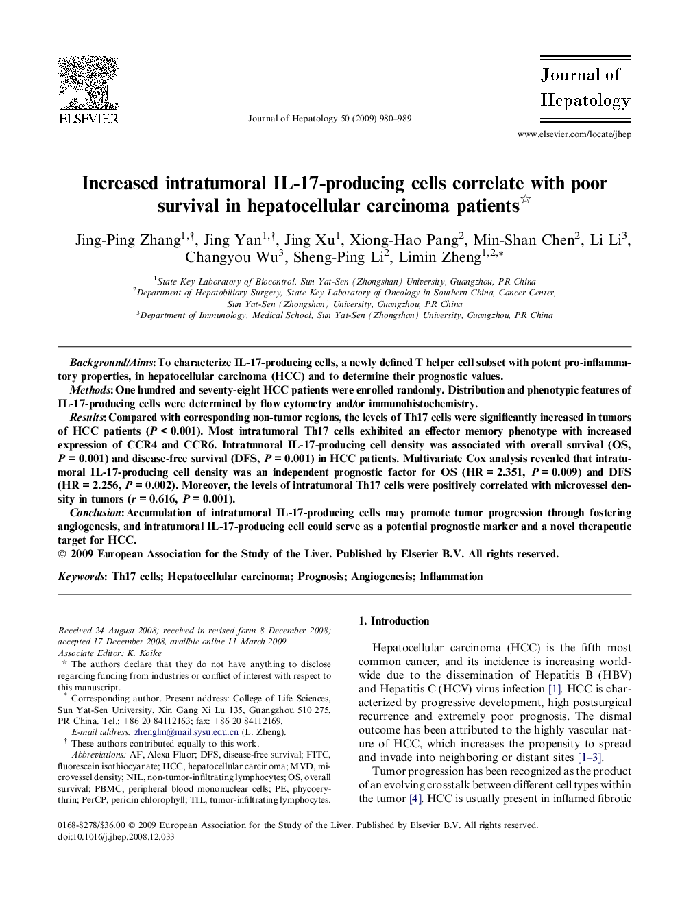 Increased intratumoral IL-17-producing cells correlate with poor survival in hepatocellular carcinoma patients