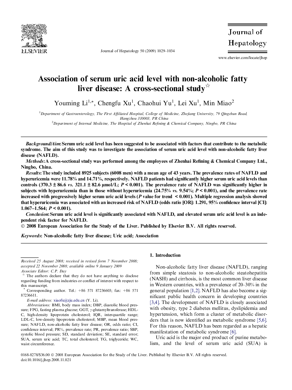 Association of serum uric acid level with non-alcoholic fatty liver disease: A cross-sectional study