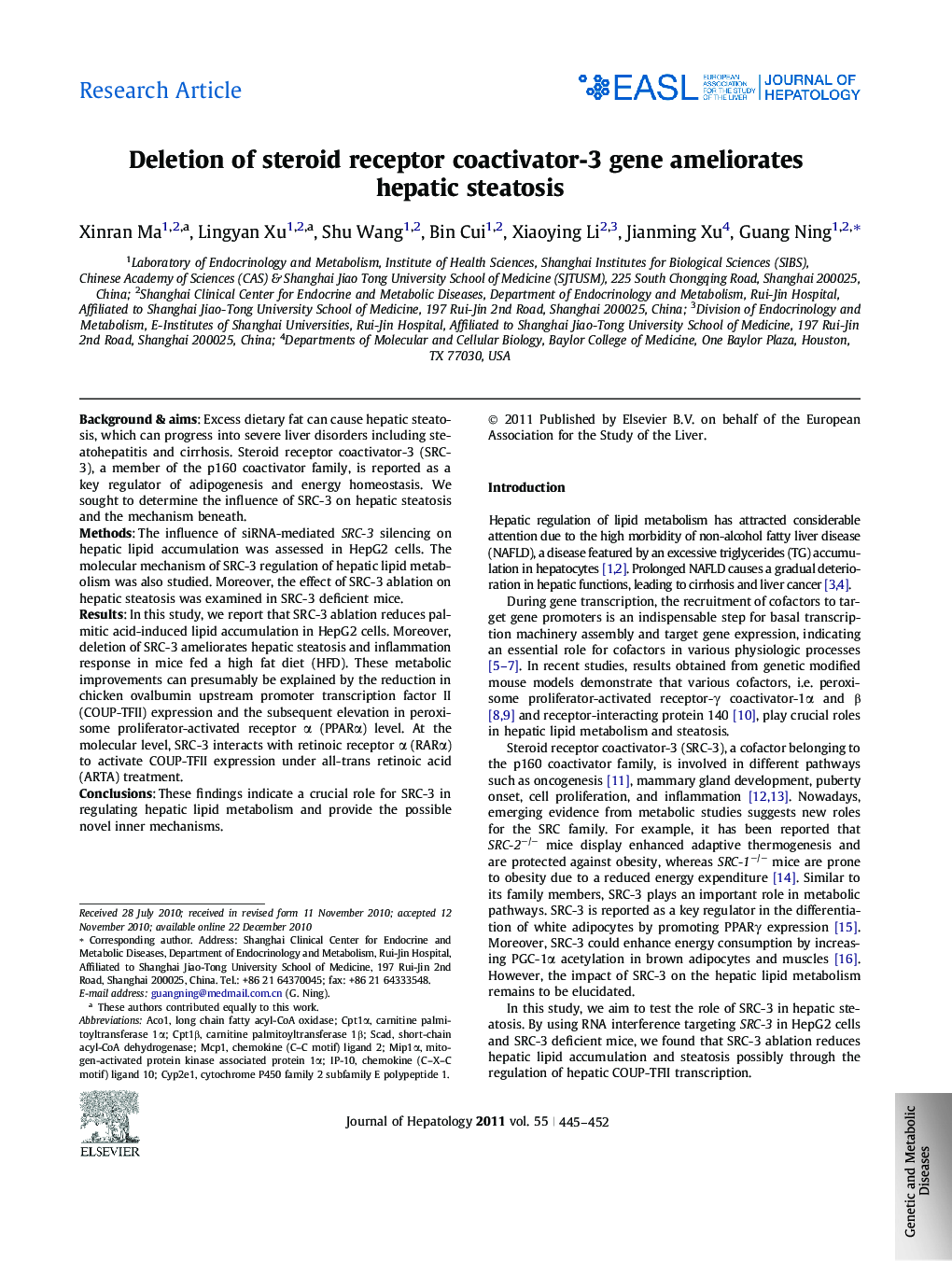 Research ArticleDeletion of steroid receptor coactivator-3 gene ameliorates hepatic steatosis