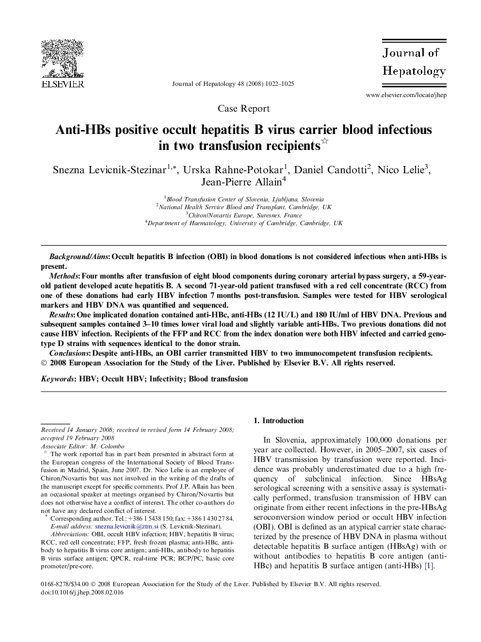 Case ReportAnti-HBs positive occult hepatitis B virus carrier blood infectious in two transfusion recipients