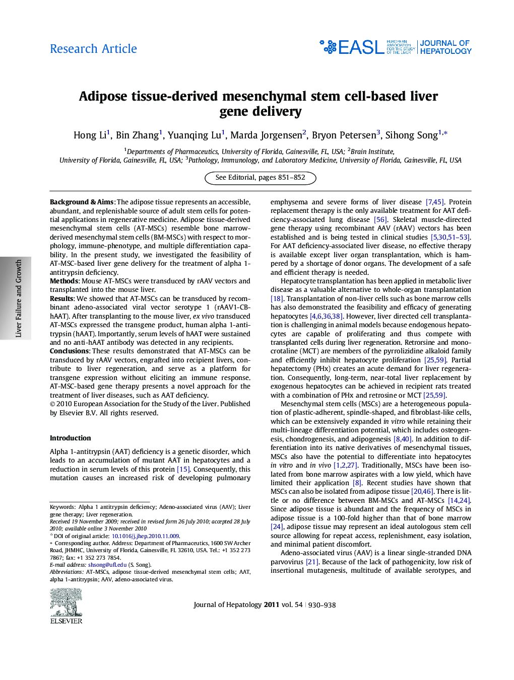 Research ArticleAdipose tissue-derived mesenchymal stem cell-based liver gene delivery