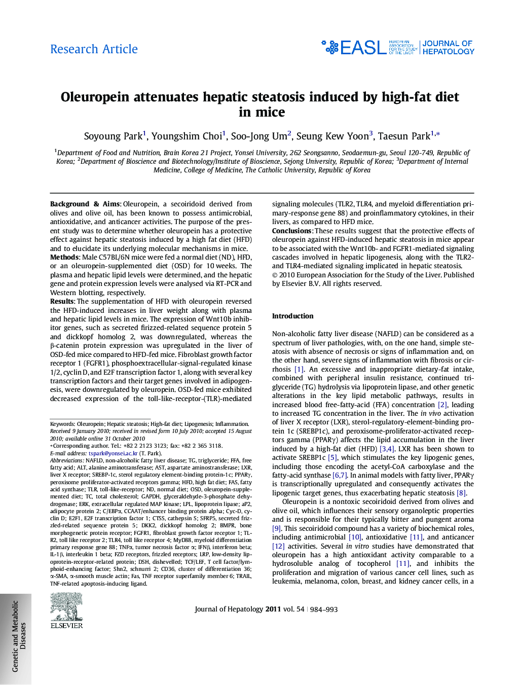 Research ArticleOleuropein attenuates hepatic steatosis induced by high-fat diet in mice