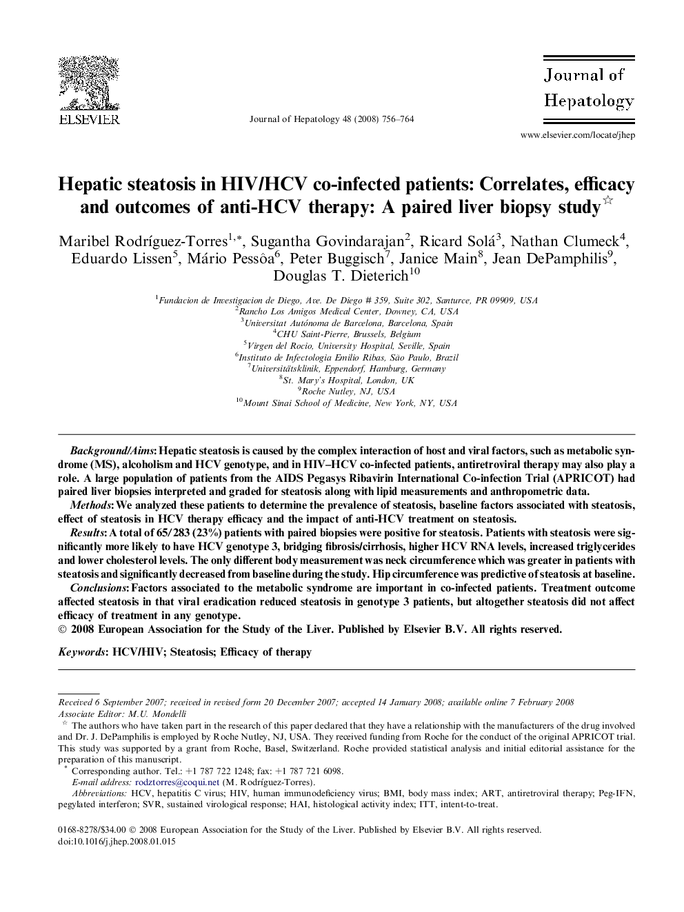 Hepatic steatosis in HIV/HCV co-infected patients: Correlates, efficacy and outcomes of anti-HCV therapy: A paired liver biopsy study