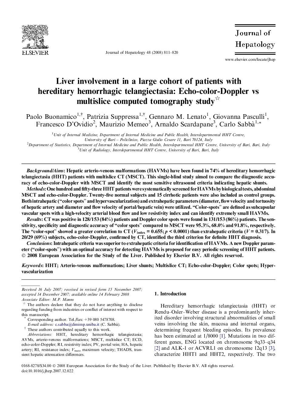 Liver involvement in a large cohort of patients with hereditary hemorrhagic telangiectasia: Echo-color-Doppler vs multislice computed tomography study