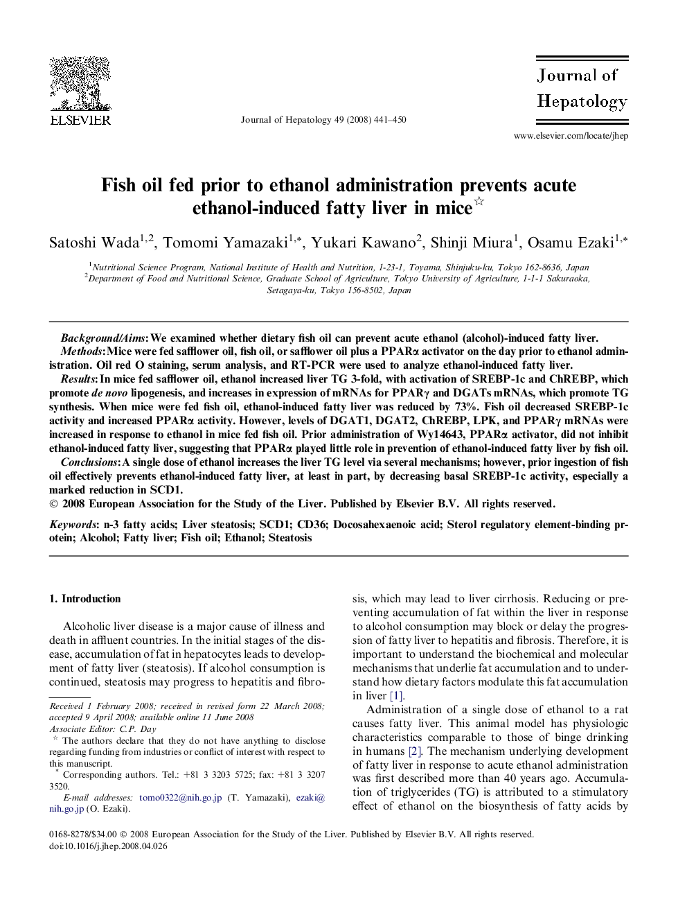 Fish oil fed prior to ethanol administration prevents acute ethanol-induced fatty liver in mice